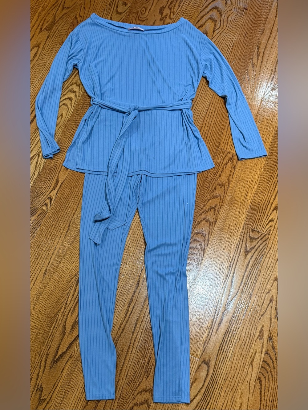 Ribbed Two-Piece Jumpsuit Set with Tie Belt - Blue